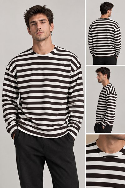 Umay moda 59 Erkek Çizgili Sweatshirt -Kahve Beyaz -Oysh Kumaş- Oversize -Rah...