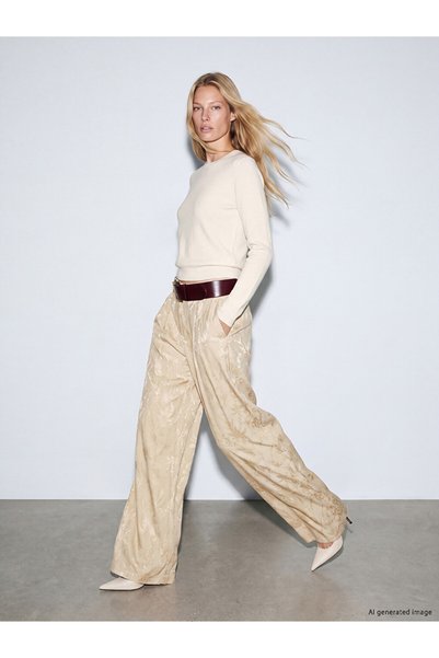 LC Waikiki Beige High Waist Pleated Patterned Women's Trousers