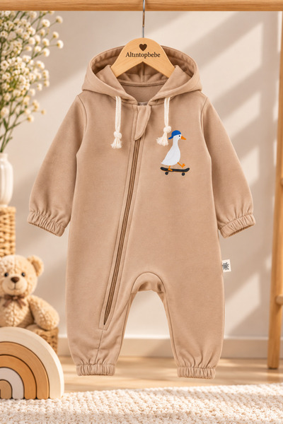 altıntop bebe Baby 100% Cotton Beige Hooded Skateboard Duck Printed Zippered Baby Jumpsuit