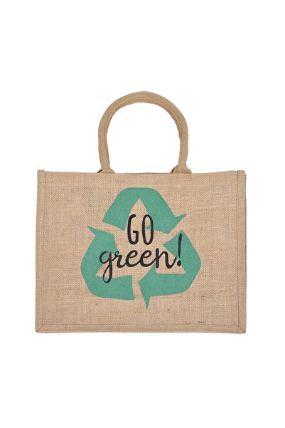 OEM Sacoșă textilă bej 34x12x36 cm, mânere 18 cm, imprimeu Go Green, reutiliz...