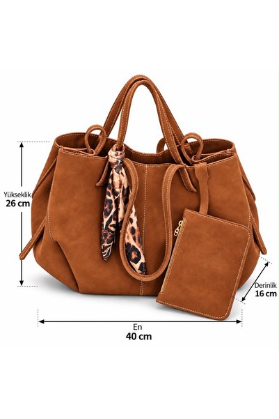 PaminBags Aksesuar Fularlı Dikiş Detaylı Süet Büyük Tote Çanta PMN00341