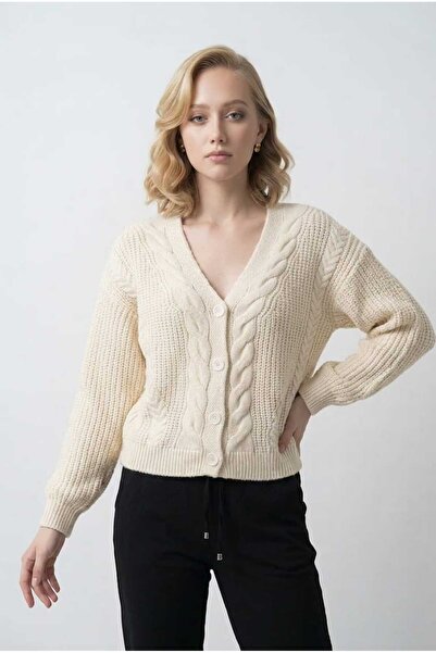 CuteLovesa Selanik Knitted Degaje Collar Comfortable Fit Buttoned Style Women...