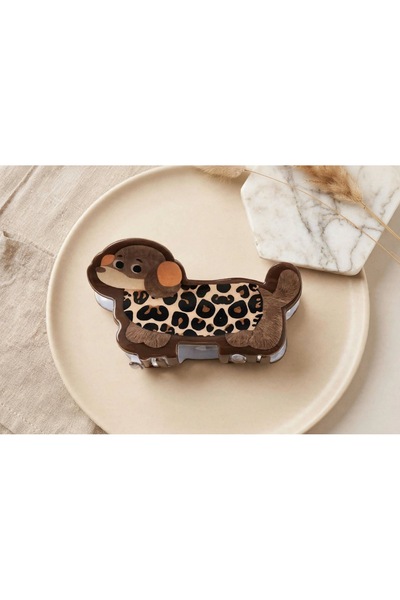 LİNACO Leopard Patterned Dog Figured Hairpin - Cute Dachshund Hair Clip - Lar...