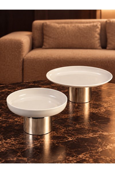 MAY HOME Lüks Porselen Sunumluk & Metal Ayaklı Tabak Kase Seti