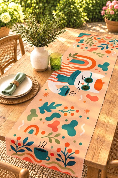 EVPANYA Coffee Shop Cat Patterned Runner / Tablecloth / Placemat