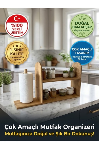 YSC DESIGN Kağıt Havluluk ve 2 Katlı Baharatlık Rafı, %100 Yerli Üretim tezga...