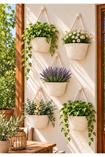 EGE ÖRGÜM 5’li Mini Duvar Askılı Örgü Sepet 12x11 cm – Bitkiler ve Ahşap Duva...