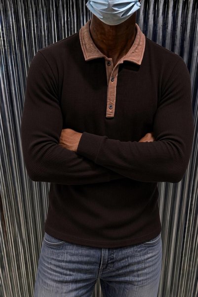 Oksit Sayz Erkek Ribanalı Polo Yaka Uzun Kollu Tişört - Kontrast Yaka Slim Fit Düğmeli Sweatshirt