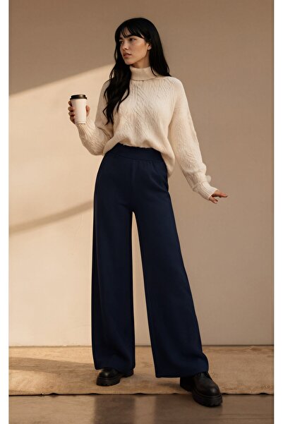 BY ARDELION Women's Navy Blue High Waist Wide Leg Trousers