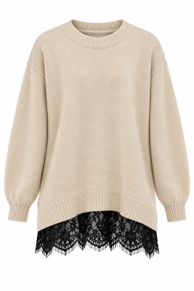 Selay Accessory Women's Burgundy Cotton Knitwear Lace Detailed Crew Neck Sweater