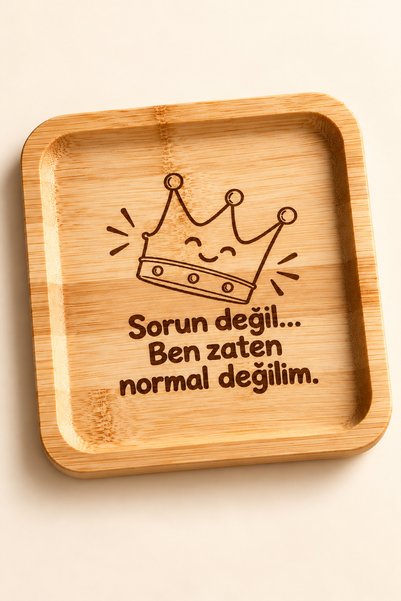 PakerStudio Kahve Temalı Eğlenceli Lazer işlemeli Bambu Kahve Sunumluğu (Kare...