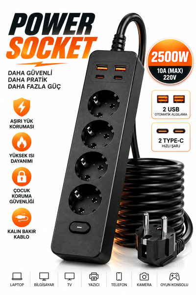 SAYMOND Pro Akım Korumalı Topraklı 4'lü Çoklu Priz 2 USB-C 2 USB-A Çıkışlı 25...