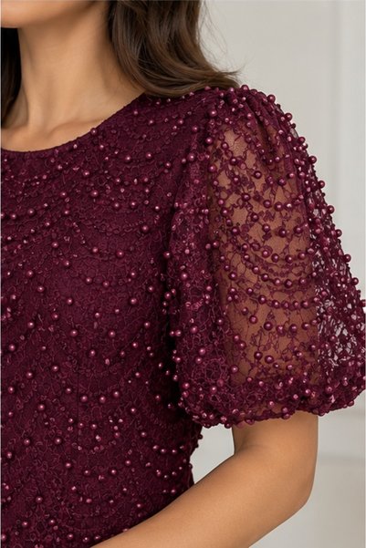 NO BRAND Rochie mini din dantelă cu aplicații și mâneci bufante – Vișiniu