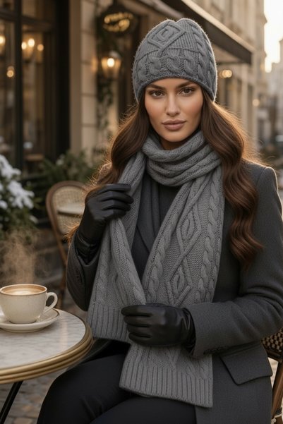 Givoria طقم وشاح وقبعة صوفية شتوية للنساء