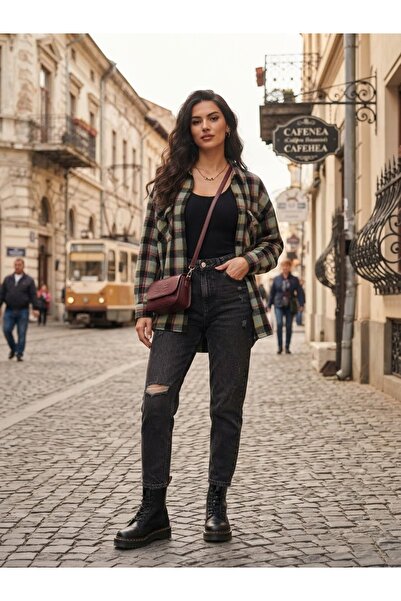 Polologin Butik Khaki Black Plaid Patterned Lumberjack Shirt Tunic with Pockets
