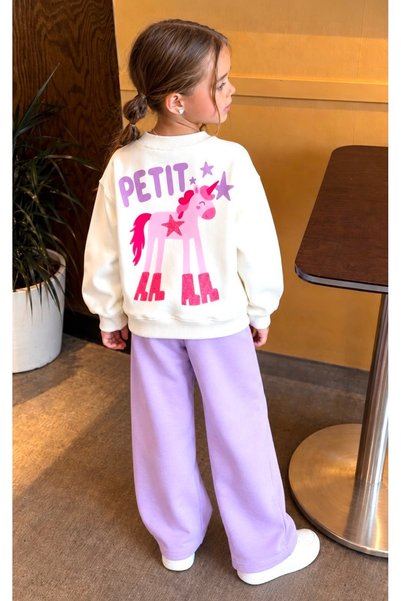 Alvadonna Set de hanorac cu model unicorn și pantaloni cu detaliu buzunar pentru fete