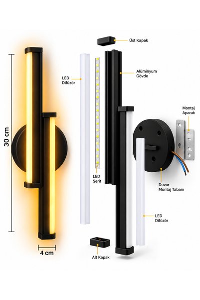 VOLTMARKET 30 cm Siyah Modern Çift Yönlü AMBER LED Duvar Apliği – Dekoratif E...