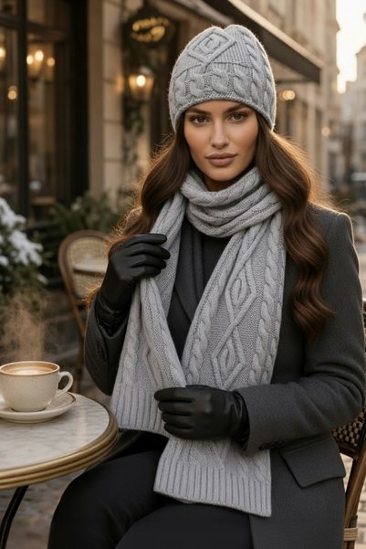 Givoria طقم وشاح وقبعة صوفية شتوية للنساء