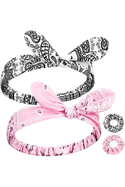 Hoteam 2 Set Bandana Headband Scrunchies Women Girls Hair Ties,White,Pink