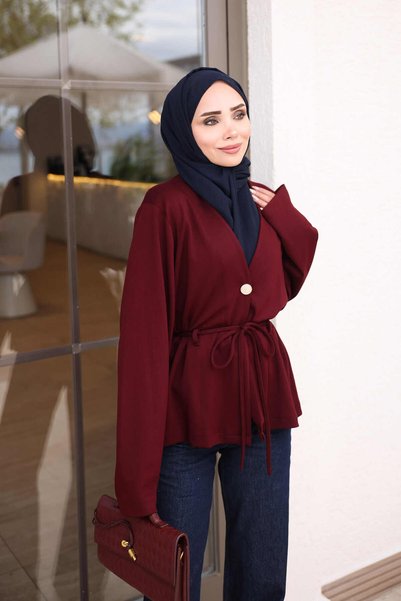 İmajButik Burgundy Waist Tie Single Button Jacket