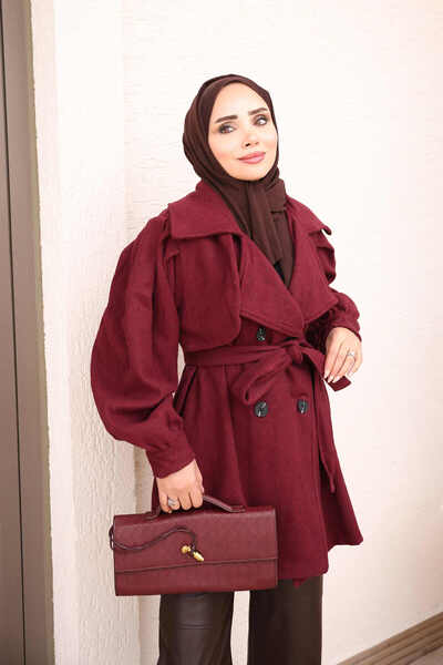 İmajButik Burgundy Double-Breasted Collar Waist Belted Short Cashmere Coat