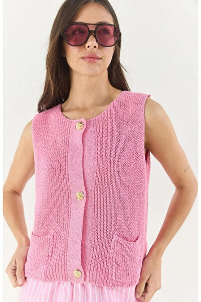 deqfashion Women's Pink Crew Neck Gold Buttoned Knitwear Vest with Pockets