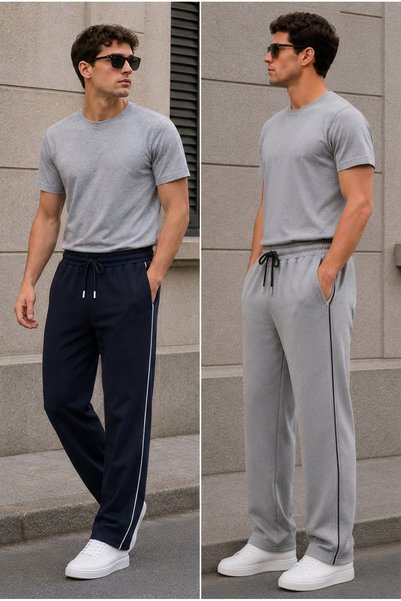 Zenvia Men's Navy Blue-Grey Side-Piped Baggy Sweatpants Comfortable Fit