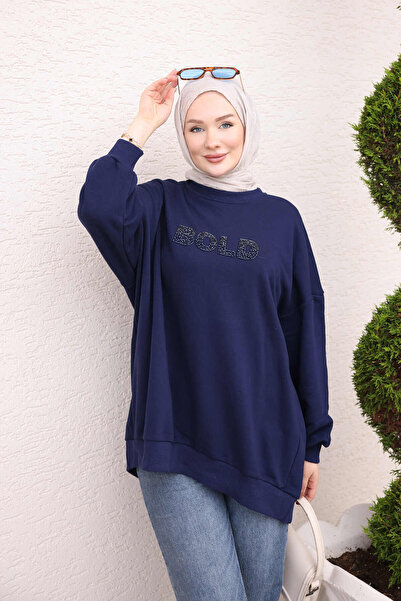 İmajButik Navy Blue Bead Embroidered Two-Thread Sweatshirt