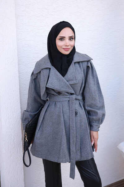 İmajButik Smoked Double-Breasted Collar Short Cashmere Coat with Waist Belt
