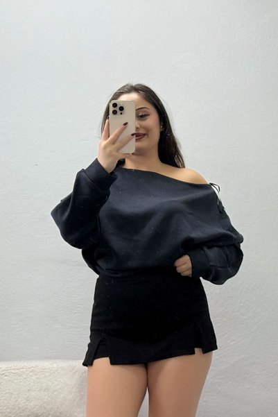 BELENDİR سترة نسائية مودال بياقة قاربية كبيرة الحجم باللون الأسود