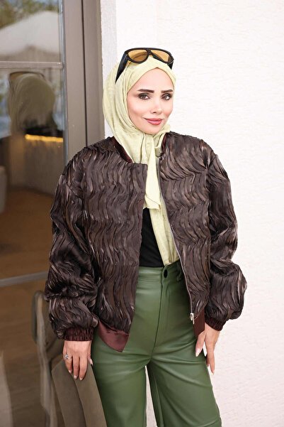 İmajButik Brown Jacquard Janjan Ruffled Bomber Jacket