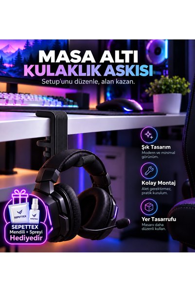 SepetteX Masa Altı Kulaklık Askısı Vidalı Sabitlemeli Kulaklık Tutucu Standı ...