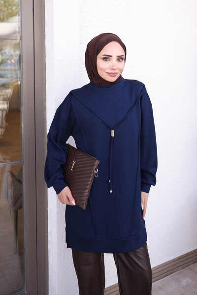 İmajButik Navy Blue Tunic with Stripes on the Front and Elastic Sleeves