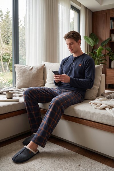 Buratti Ekoseli Düğmeli Bisiklet Yaka Yumuşak Polar Pijama Takımı Erkek PİJAM...
