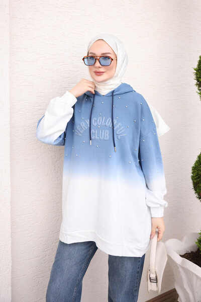 İmajButik Blue Hooded Oversize Two-Tone Sweatshirt