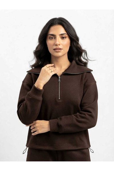 sea gulf طقم نسائي كاجوال سبورت مريح مكون من سويت شيرت بياقة ونصف سحاب مع بنطلون واسع الأرجل بخصر ورباط .