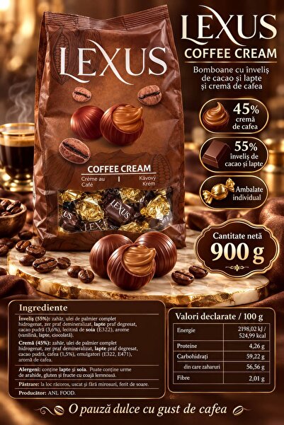 Lexus Coffee Cream – Bomboane cu cremă de cafea, ambalate individual, 900 g