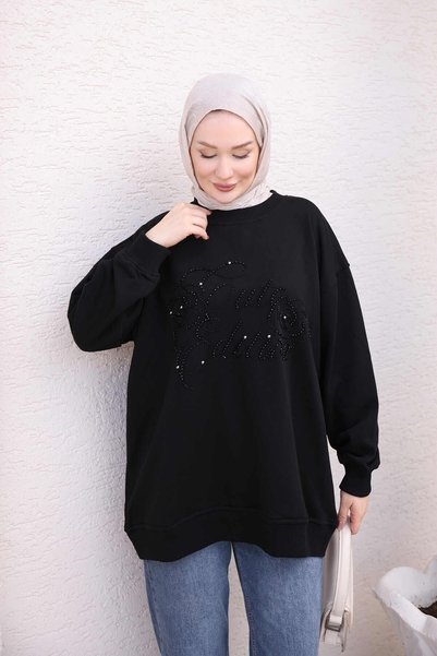 İmajButik Black Bead Embroidered Two-Thread Sweatshirt