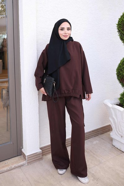 İmajButik Brown Waist Detailed Tunic and Trousers Set