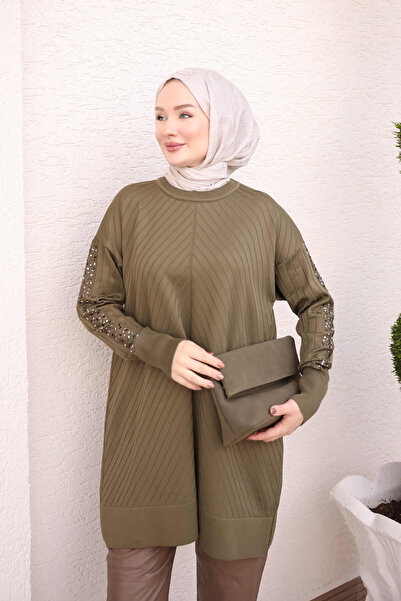İmajButik Khaki Sleeve Stone Detailed Cold Yarn Knitwear Tunic