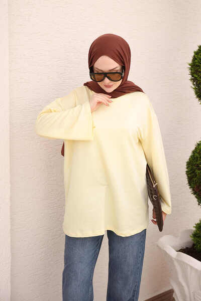 İmajButik تونيك أصفر برقبة دائرية وأكمام واسعة