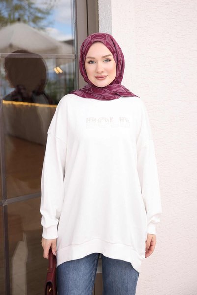 İmajButik سترة رياضية مطرزة بالخرز من خيطين بلون إكرو