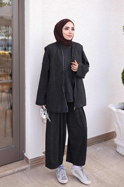 İmajButik Black Vest, Tunic and Trousers 3-Piece Combination Set