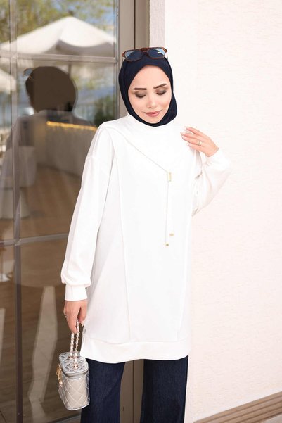 İmajButik تونيك بلون إكرو مع أكمام مطاطية وخطوط أمامية