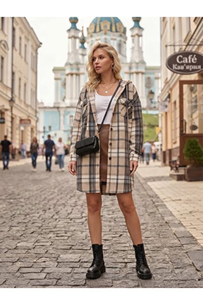 Polologin Butik Beige Brown Plaid Patterned Hooded Long Lumberjack Shirt Tuni...