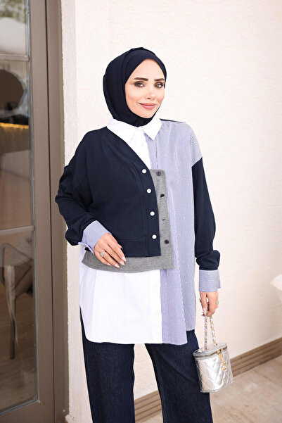 İmajButik Lacivert Çizgili Parça Detaylı Garnili Gömlek