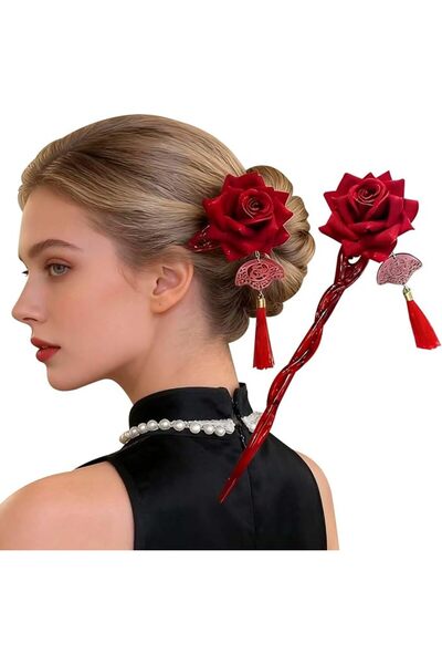 GENERAL Red Rose Hair Pin with Retro Tassel Flower Hairpin Hairclips Chinese ...