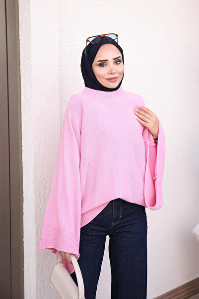 İmajButik سترة تريكو فضفاضة بأكمام واسعة باللون الوردي