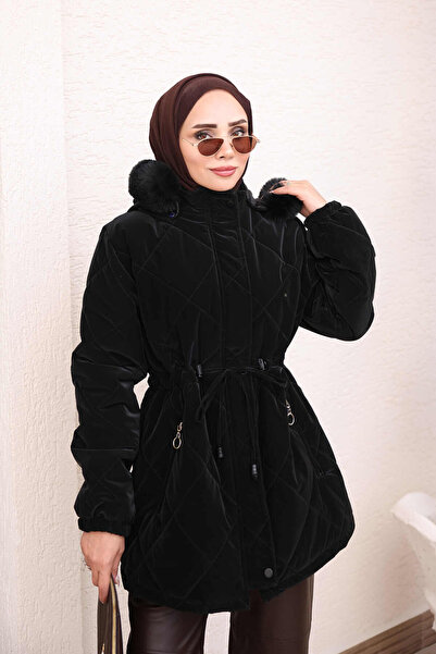 İmajButik Black Hooded Nova Coat with Waist Tie