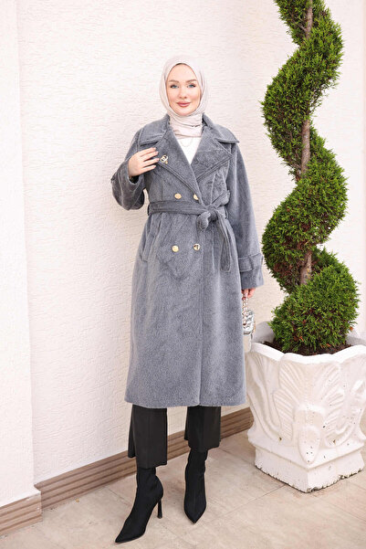 İmajButik Smoked Double-Breasted Collar Lined Cashmere Coat